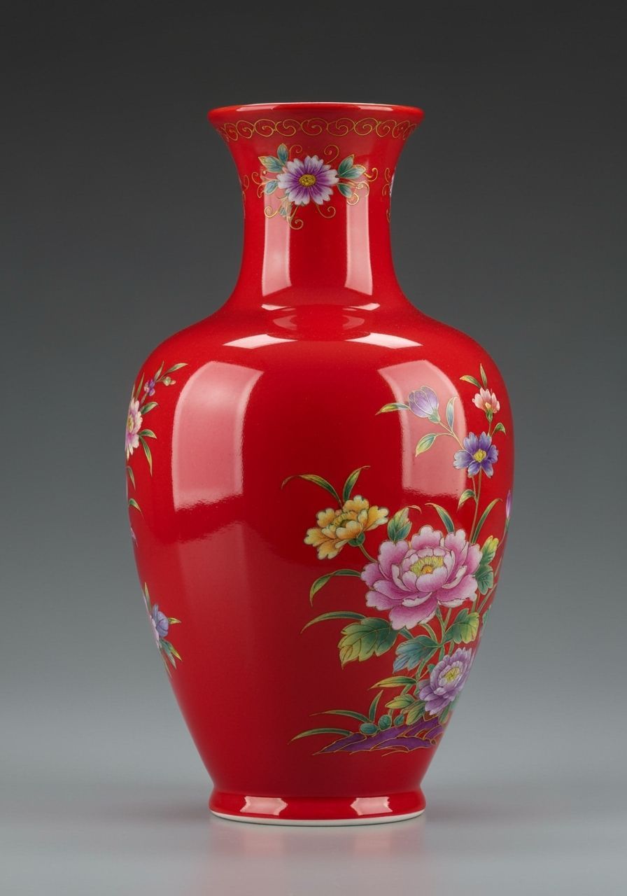 Glossy Red Vase with Floral Design, Product Photography