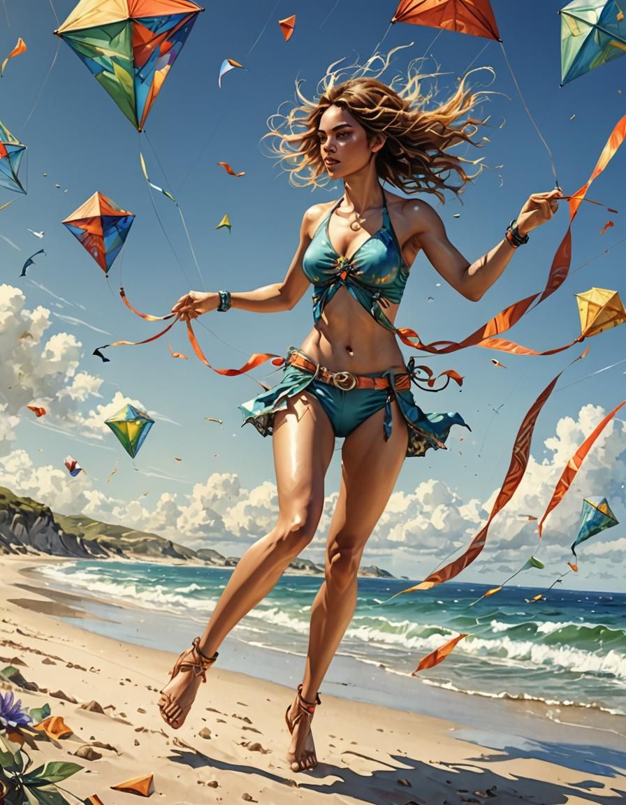 Woman with Kite on Beach in Watercolor Style