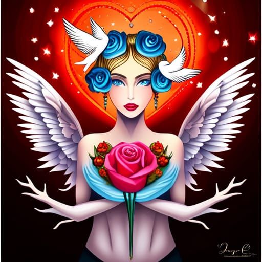 Surreal Woman with Bleeding Heart, Birds, and Fairies