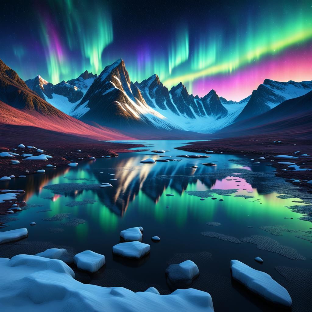 Aurora Borealis Over Frozen Lake: Fantasy Concept Art