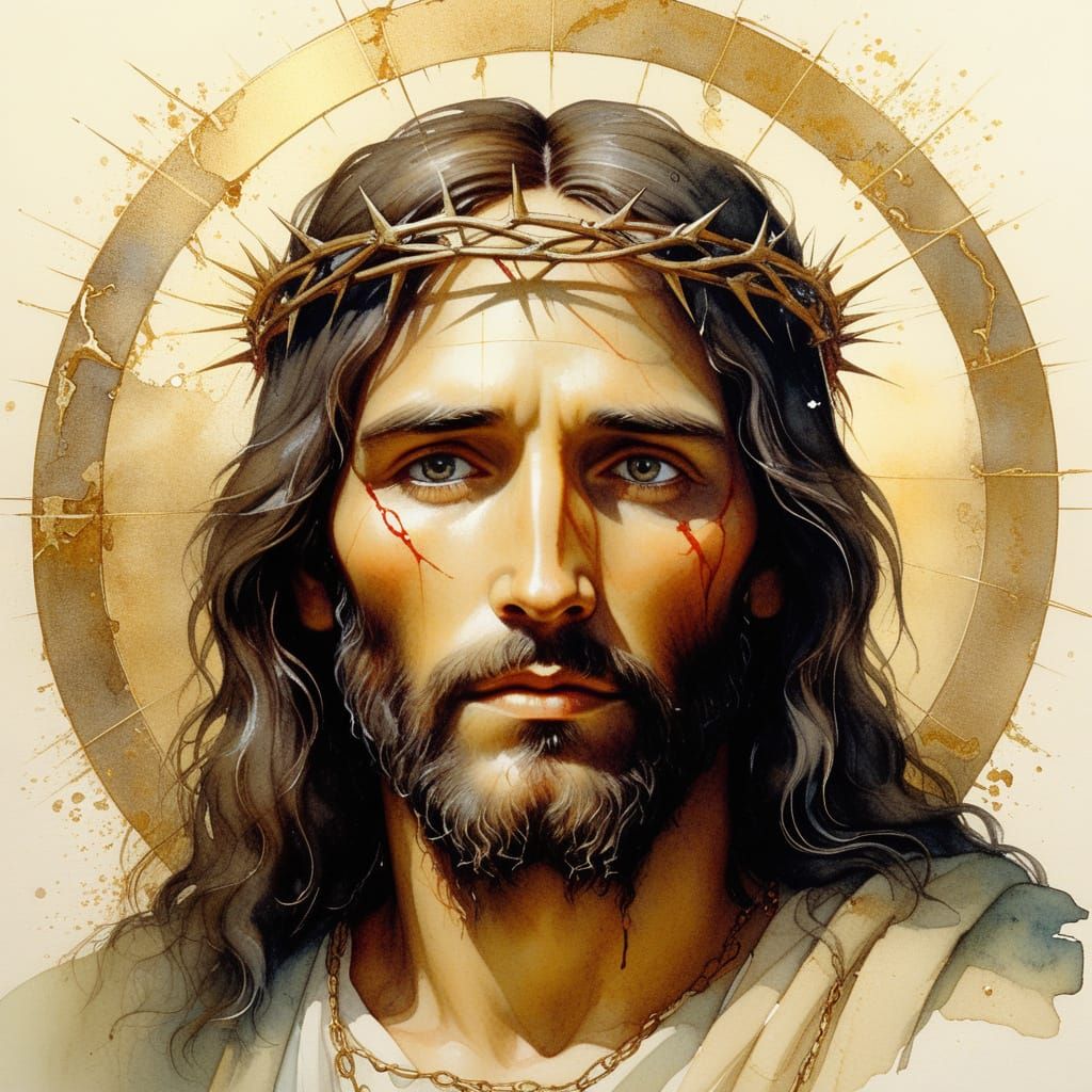 Thorn-Crowned Christ in Spiritual Watercolor Style