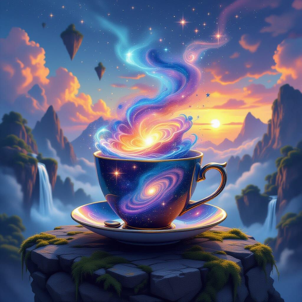 Cosmic Teacup on Ancient Stone with Twin Sunset