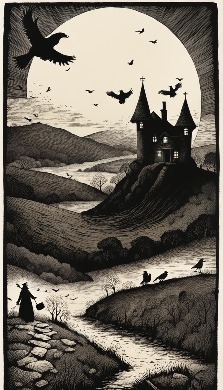 Witch Tarot Card in Woodcut Print Style