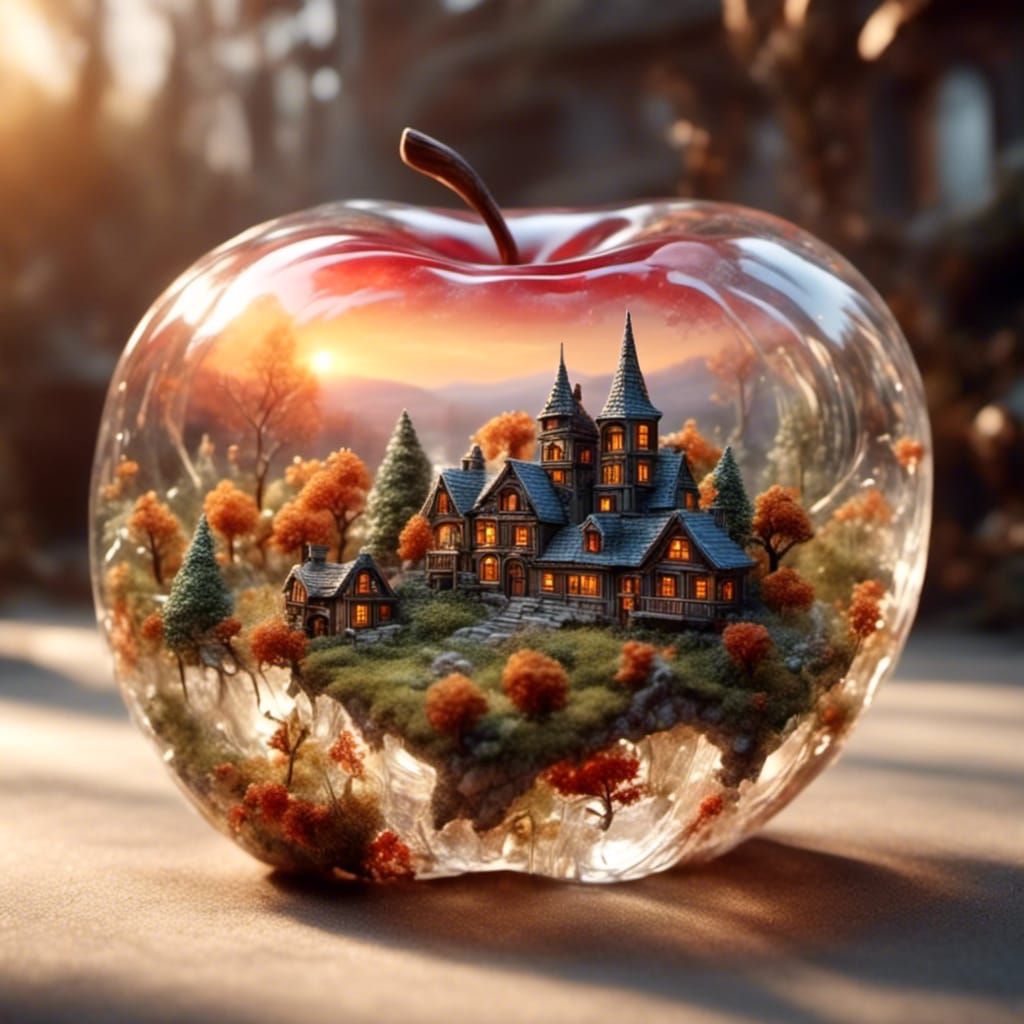 Whimsical Village Inside Translucent Apple