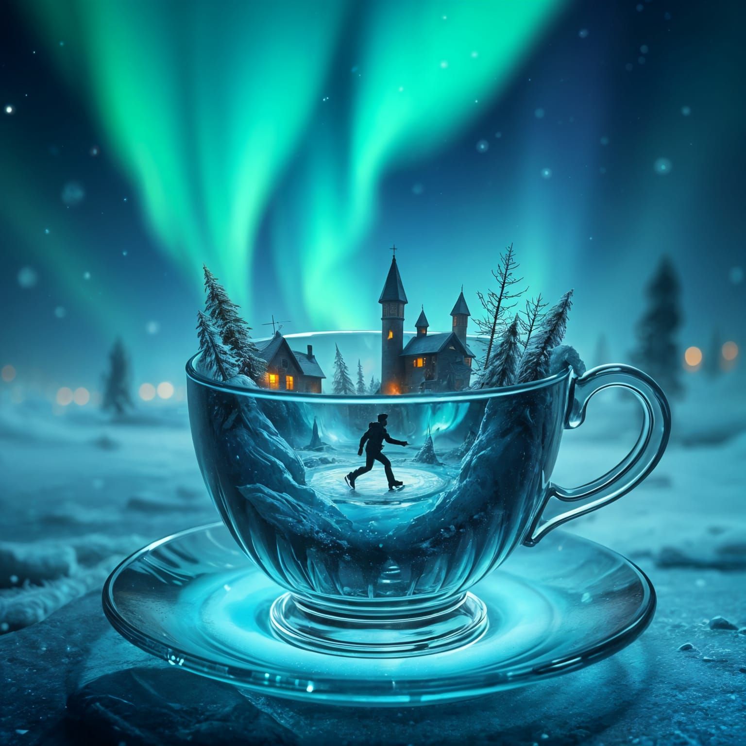 Fantasy Skating Scene under the Northern Lights
