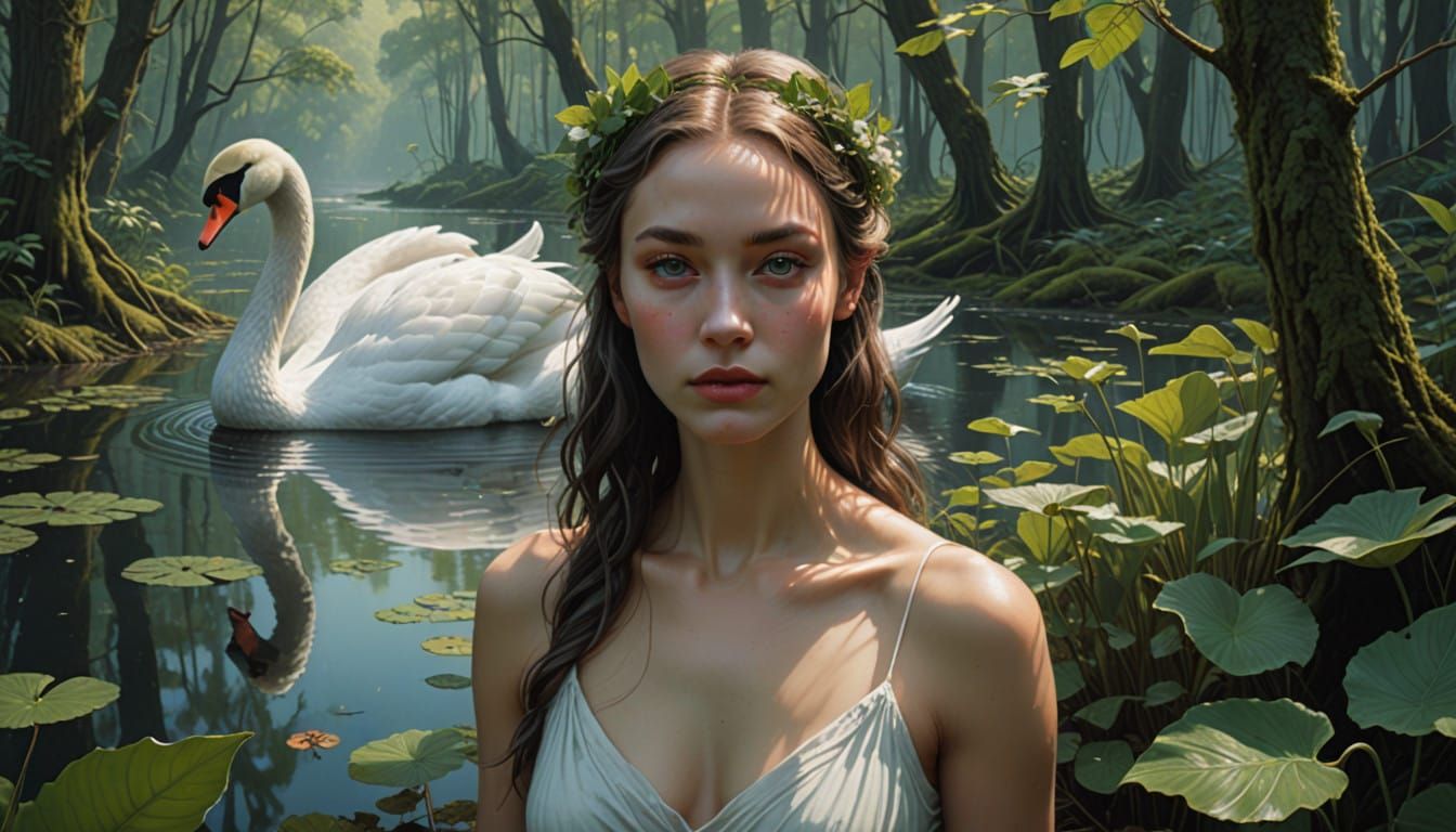Ethereal Swan Goddess in Dreamlike Hyper-Realistic Landscape