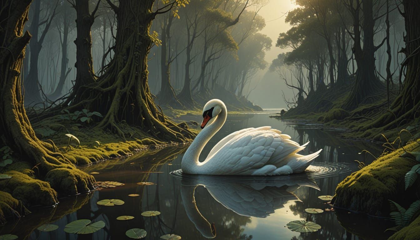 Ethereal Swan Maiden in Lush Forest