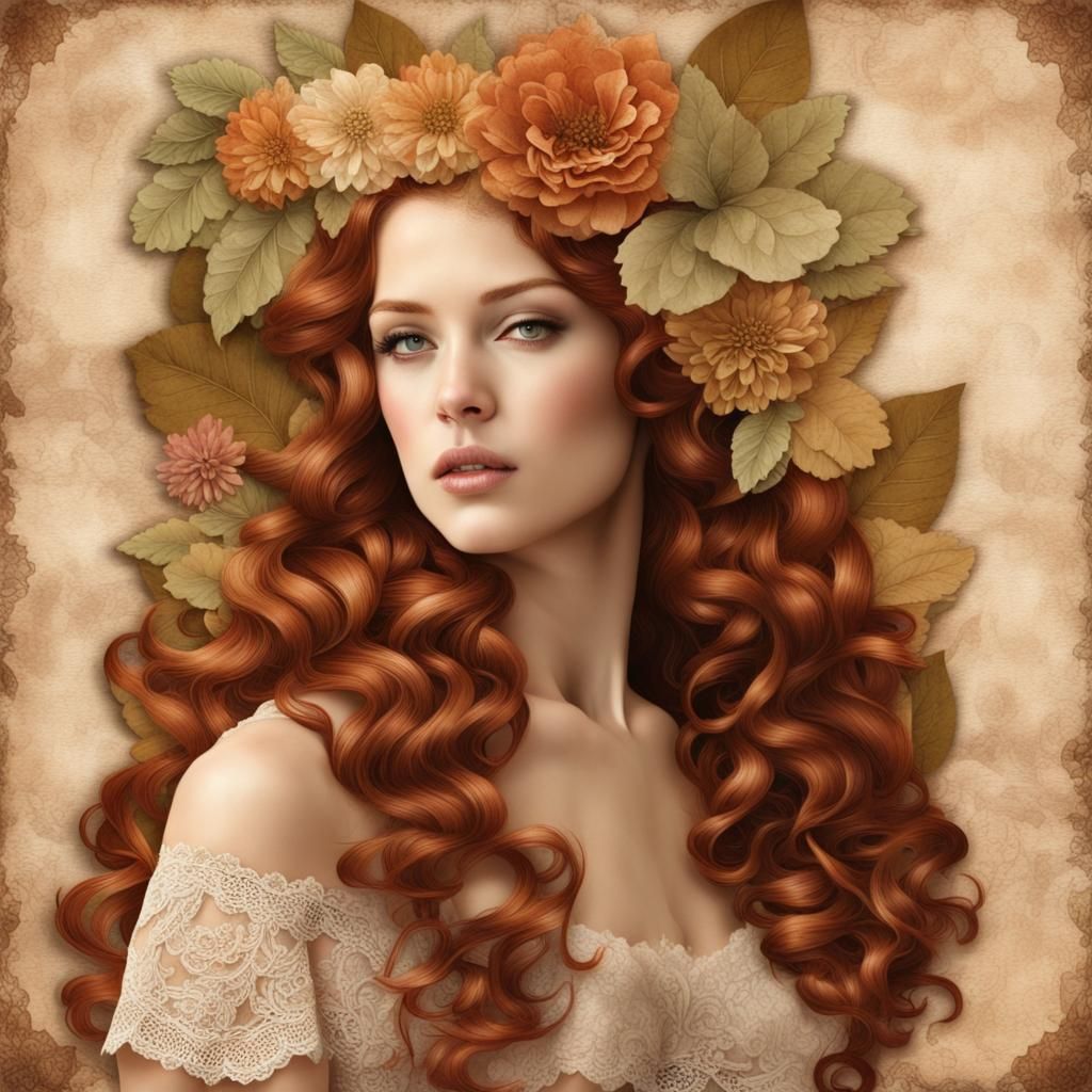Earthy Auburn-Haired Woman in Vintage Floral Art