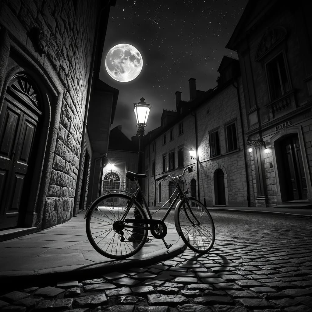 Film Noir Moonlit Village Scene with Abandoned Bicycle