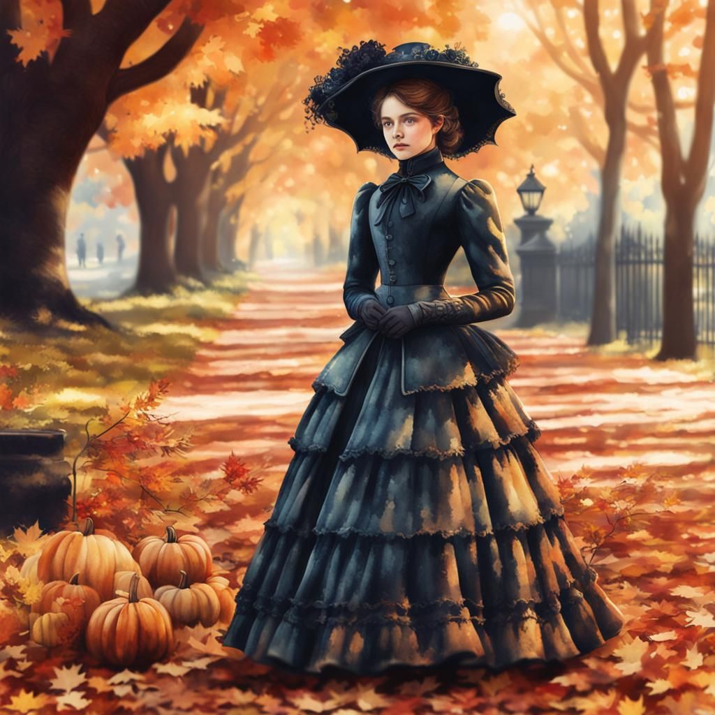 watercolor Victorian autumn and Victorian girl , hyper photo...
