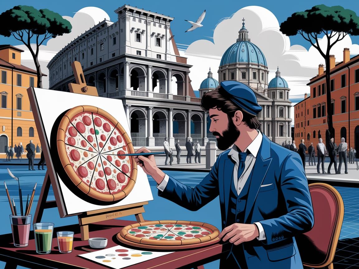 Artist Painting Pizza in Rome, Quentin Blake Style