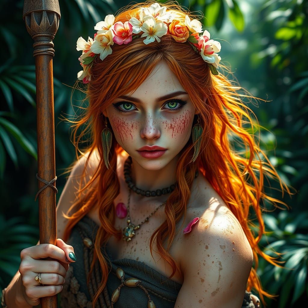 Fantasy Jungle Warrior with Flower Crown in Hyperrealistic S...