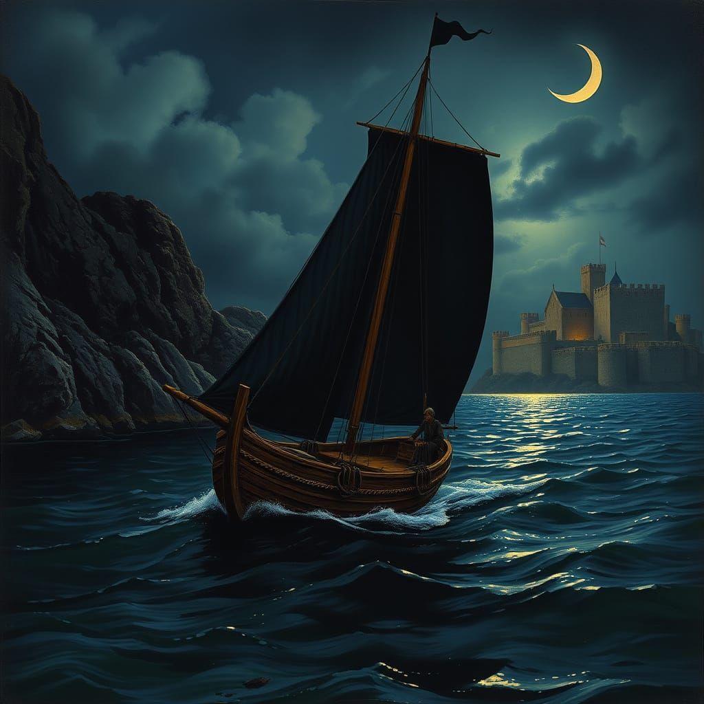 Medieval Smuggler's Ship Sails Under Crescent Moon