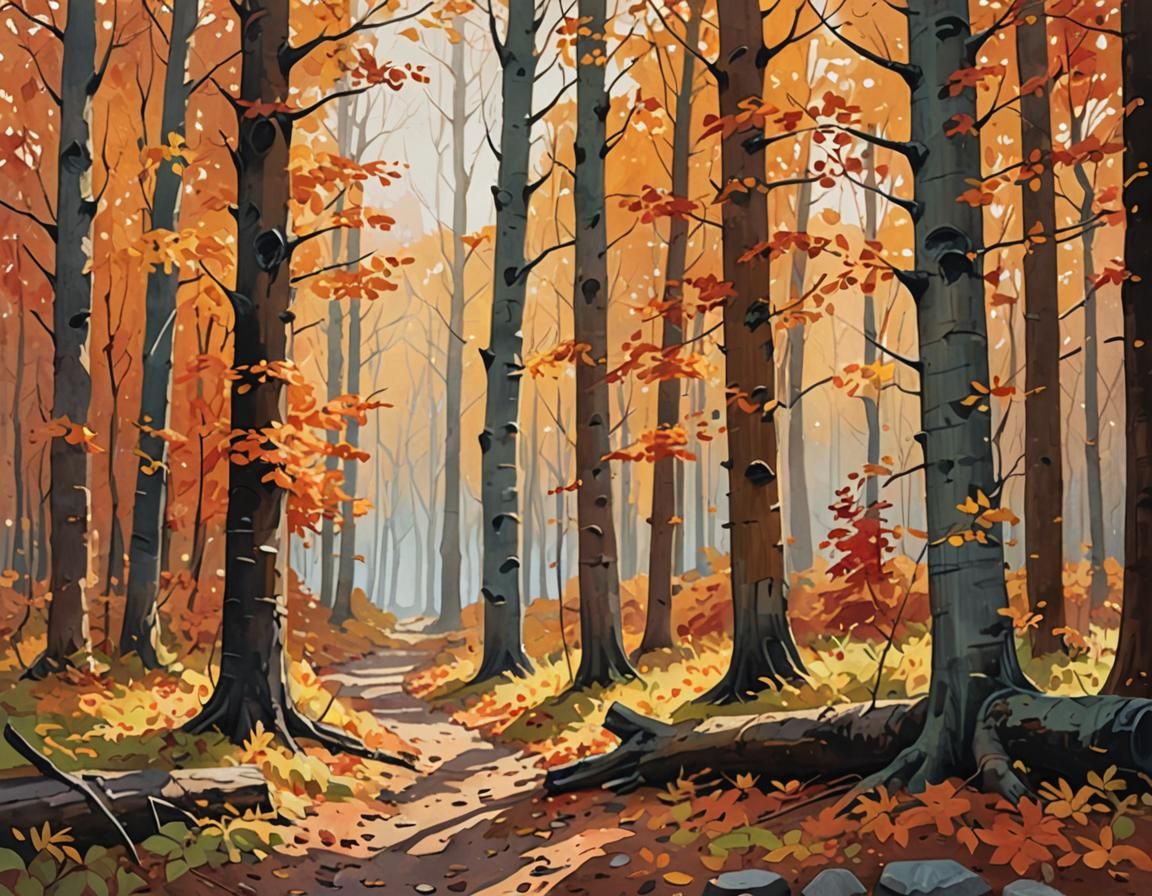 Autumn Forest in Gouache Painting Style