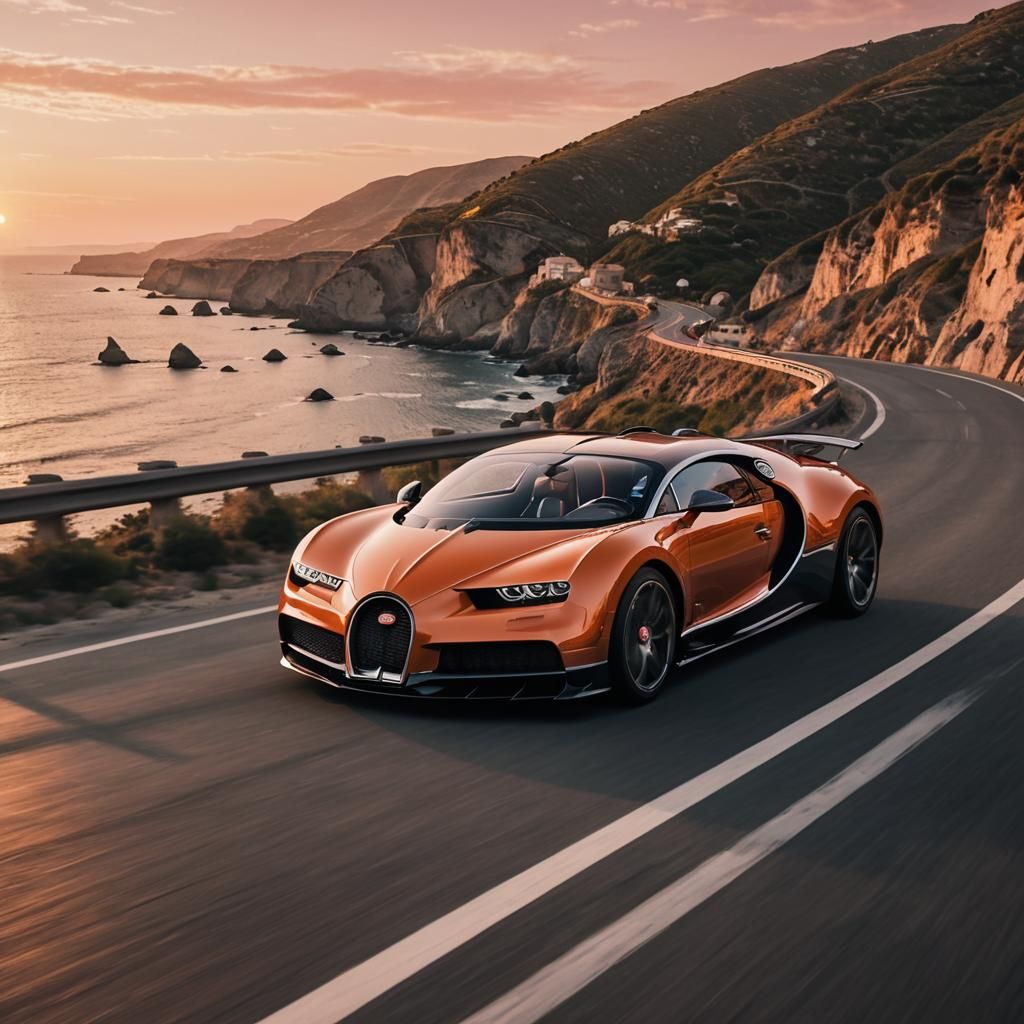 Bugatti Supercar Speeding Along Coastal Road