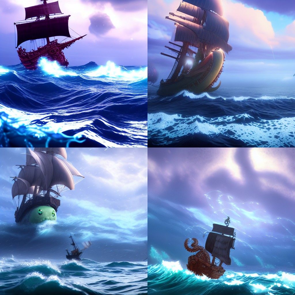 Sea Monster Attacks Pirate Ship: Anime Art