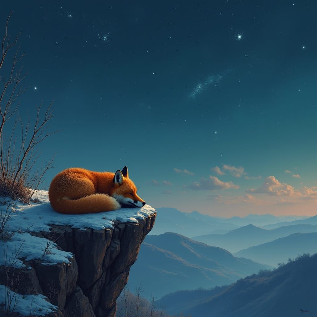 Red Fox Asleep on Cliff Under Starry Night