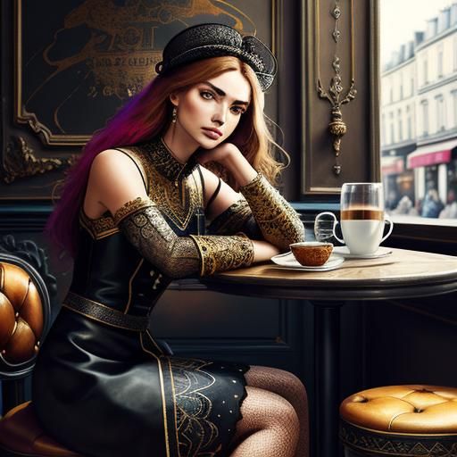 Pensive Woman in Parisian Cafe, Hyperrealistic Art