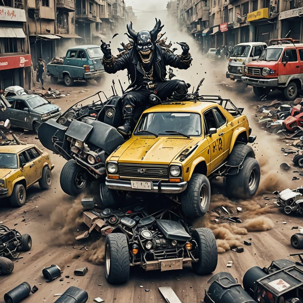 Cartoon Badman Driving a Crazy Car