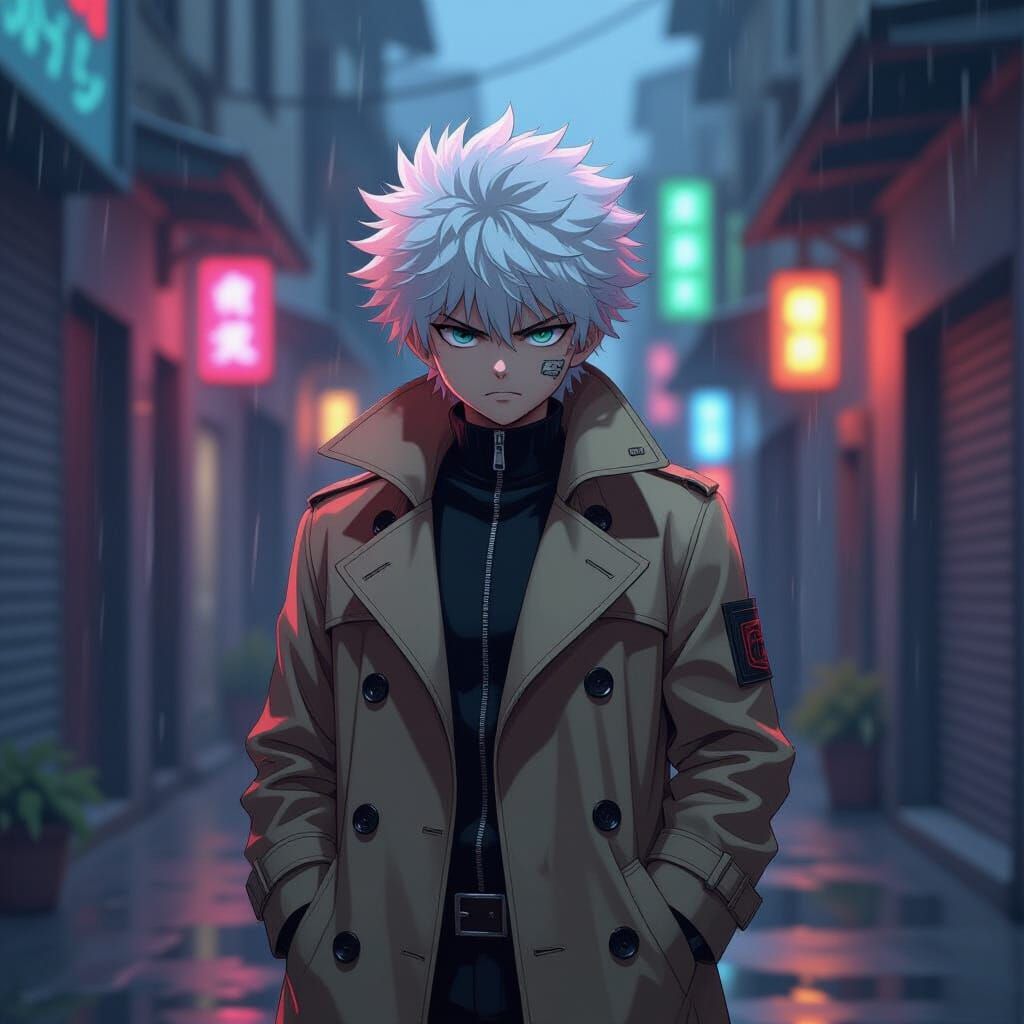 Killua in Spy Trench Coat, Neon Alleyway