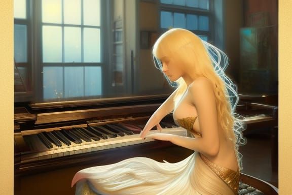 Blond Mermaid Plays Piano: Art Nouveau Style