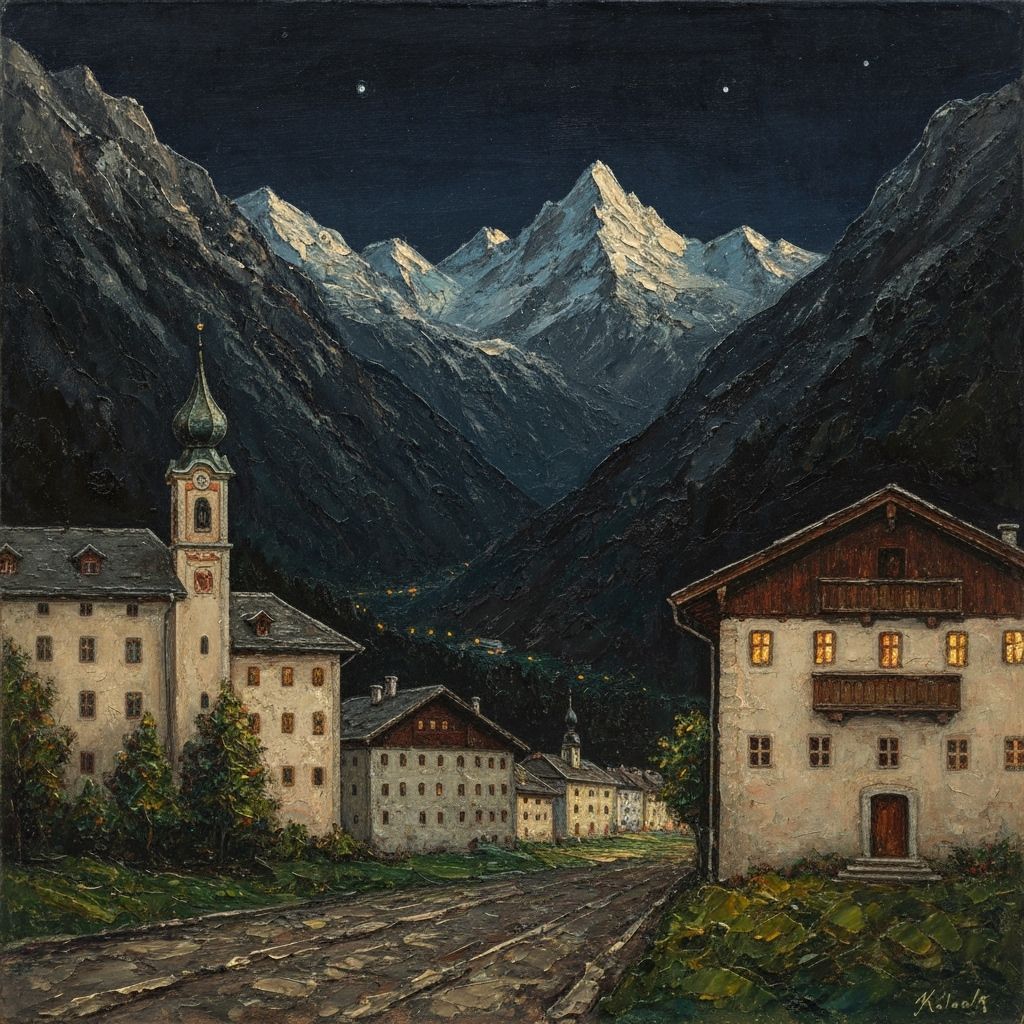 Alps at Night in Heavily Textured Encaustic Impasto Style