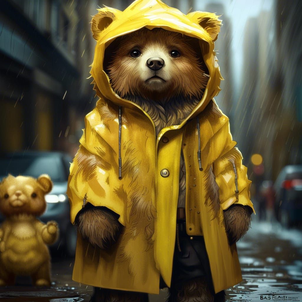 portrait chibi adorable furry bear wearing a yellow raincoat...