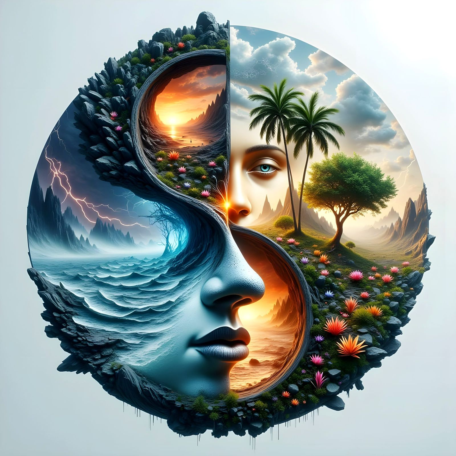 Angel of Balance: Harmony of Stormy Seas and Lush Paradise