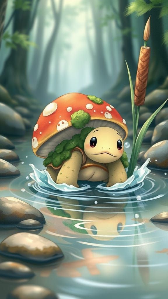 Whimsical Mushroom Tortoise Plays in Serene Forest Stream