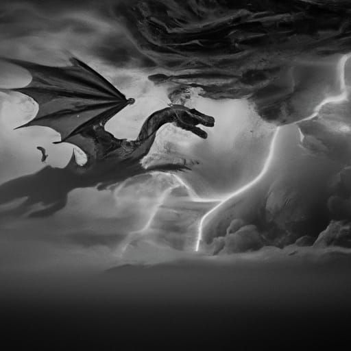 Dragon Soaring Through Thunderstorm: Black and White Epic