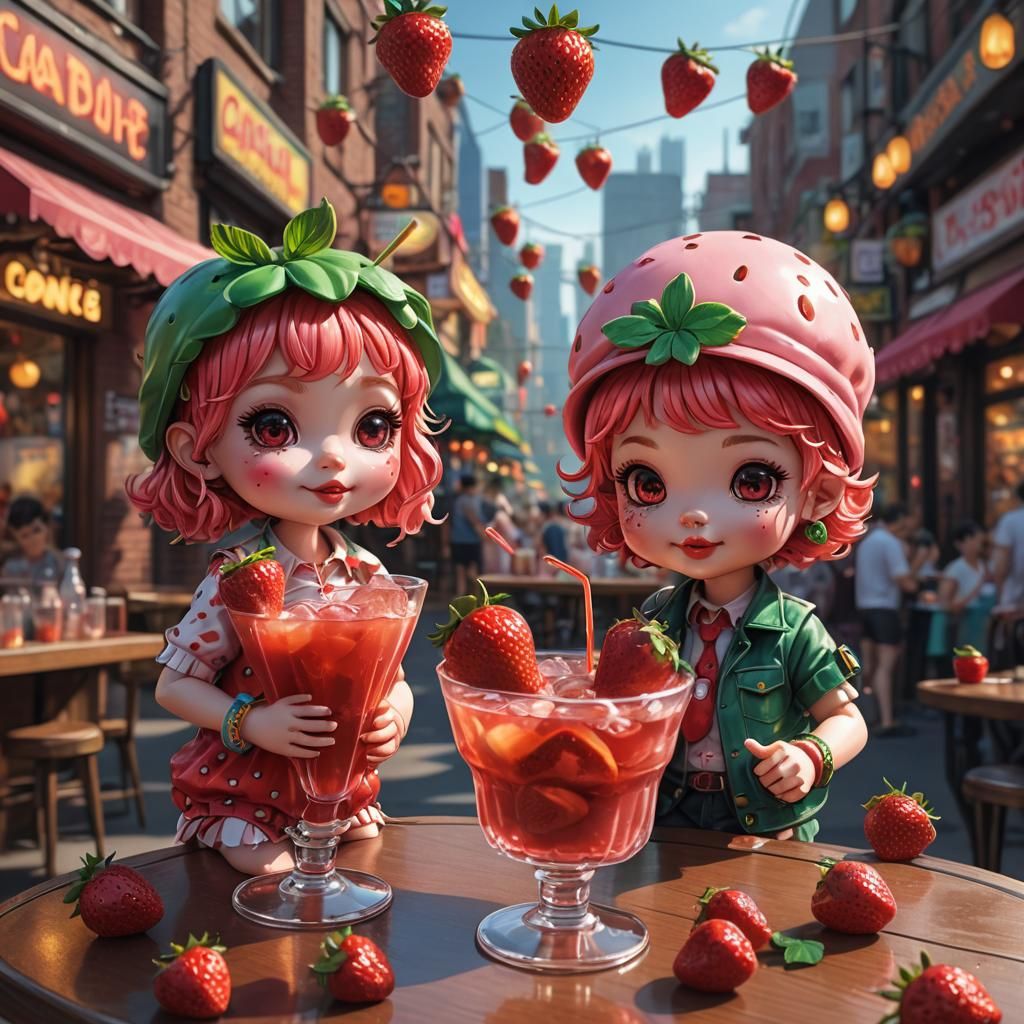 Chibi Strawberries Enjoying Cocktails in Candy Art Style