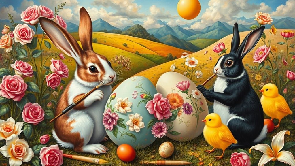Rabbits and Chicks Painting Easter Eggs, Salvador Dali Style