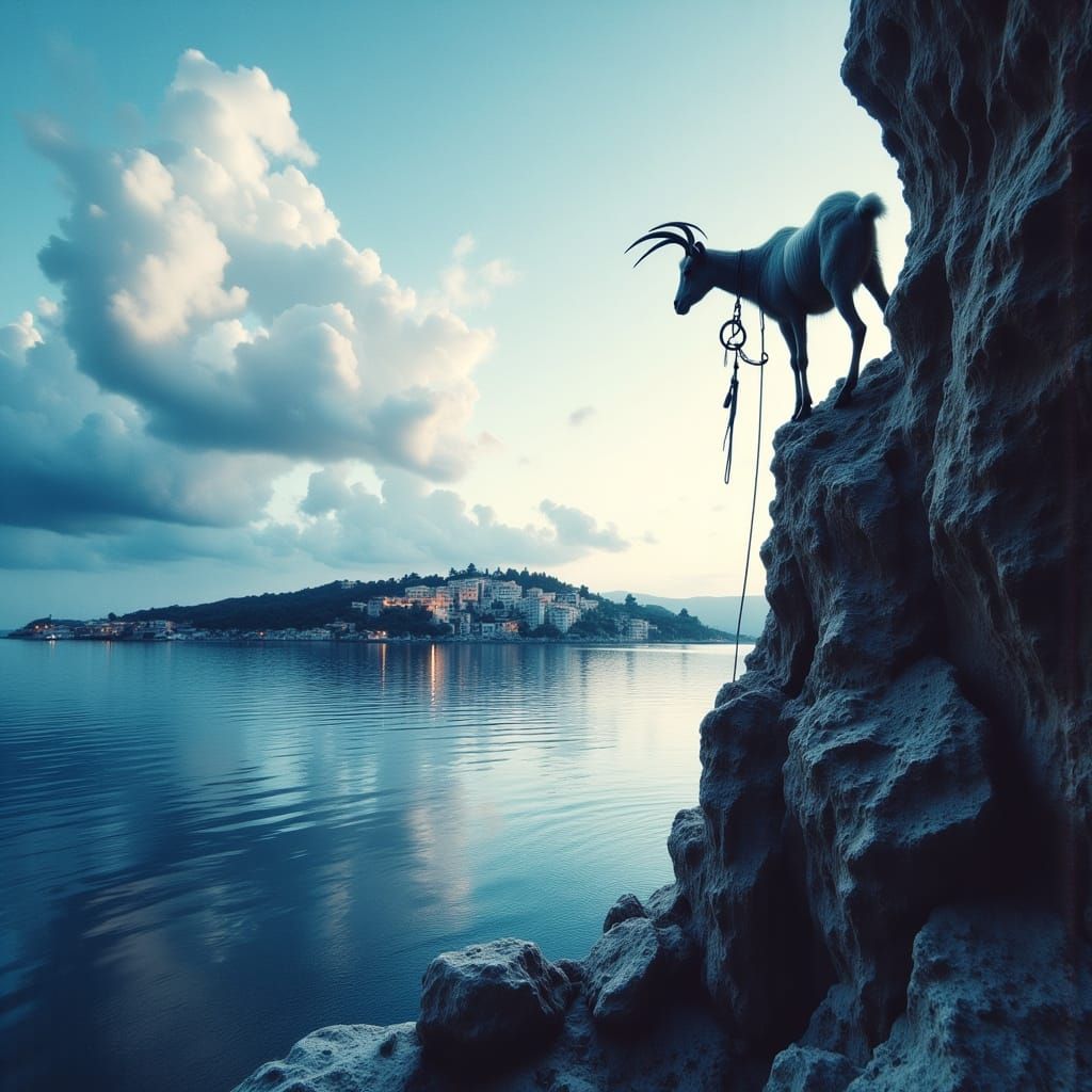 Solo Climber and Goat on Cyprus Cliffside: Minimalist Illust...