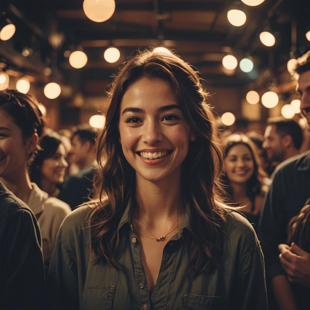 Cinematic Portrait of Smiling Woman in Crowded Room