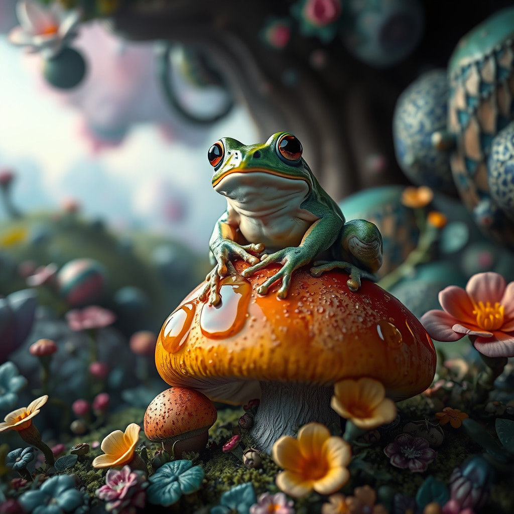 Honey Frog on Mushroom, Digital Art