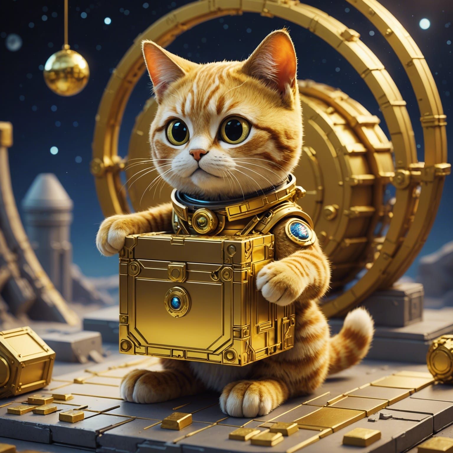 Construction Cat Builds Moon Travel Box: 3D Digital Art