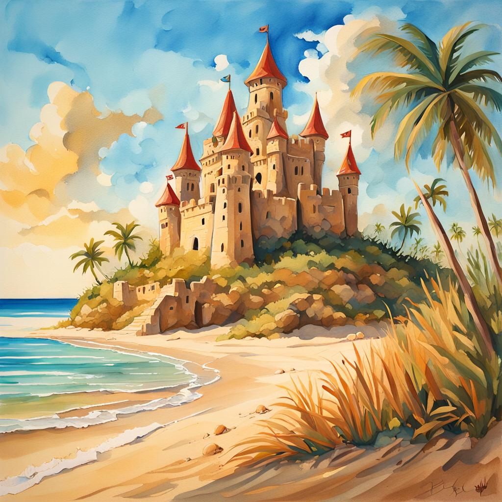 Caribbean Sandcastle: A Gouache Painting