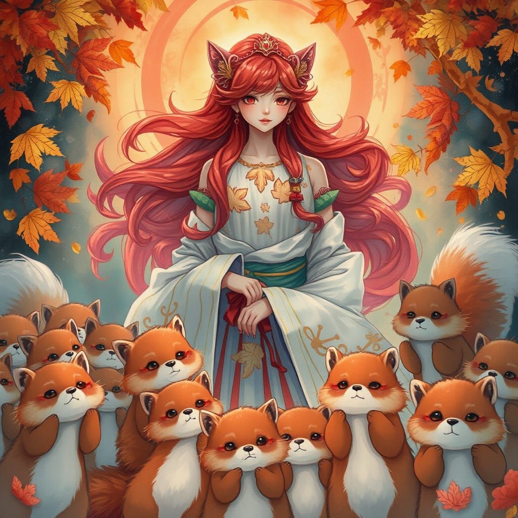 Dreamy Goddess Among Tanuki in Autumn Reverence