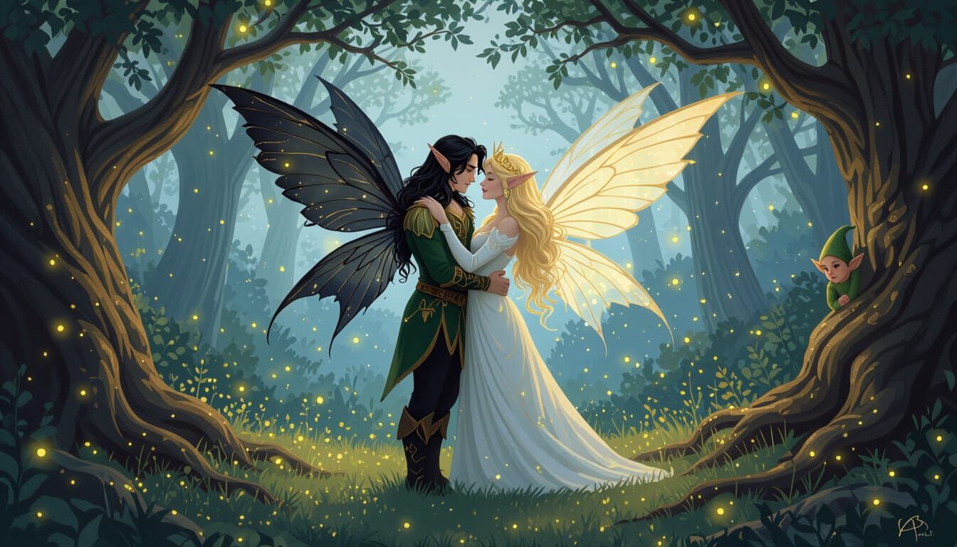 Oberon and Titania's Romantic Embrace in Enchanted Forest