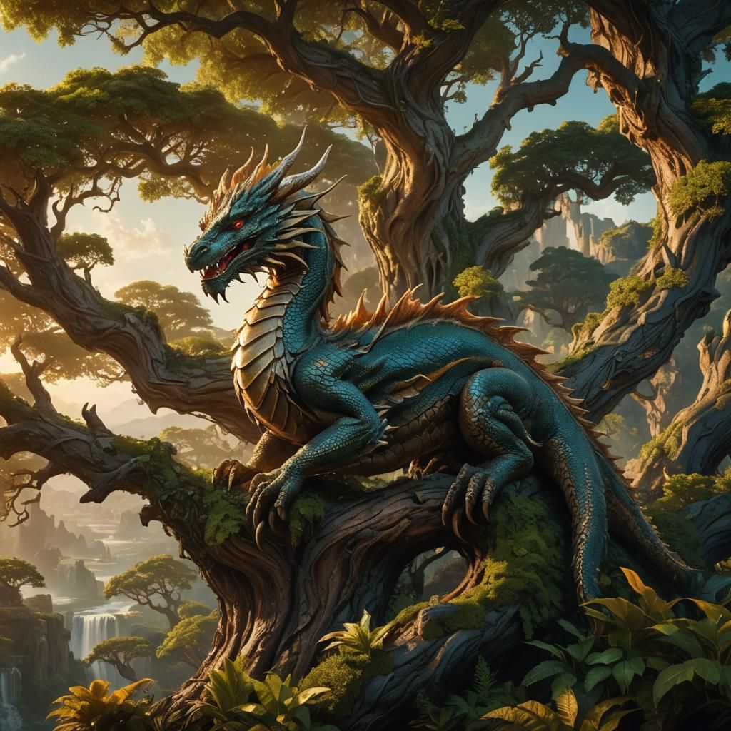 Majestic Dragon Perched on Ancient Tree at Golden Hour
