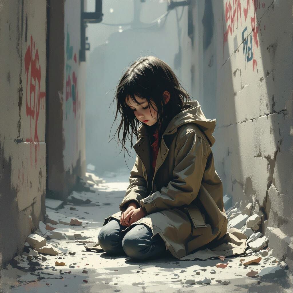 Heartbroken Girl in Alleyway: Melancholic Digital Art