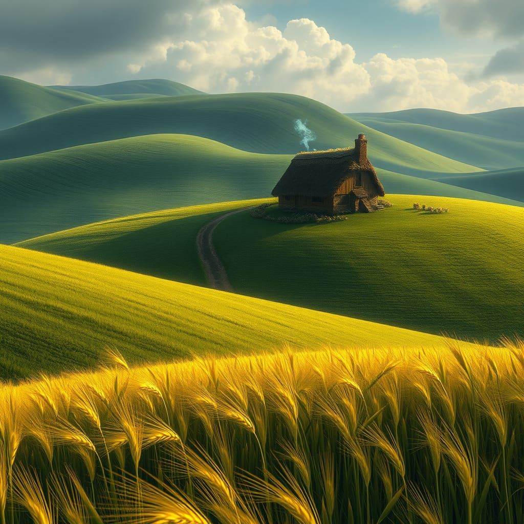 Rolling Green Hills with Quaint Rustic Cottage