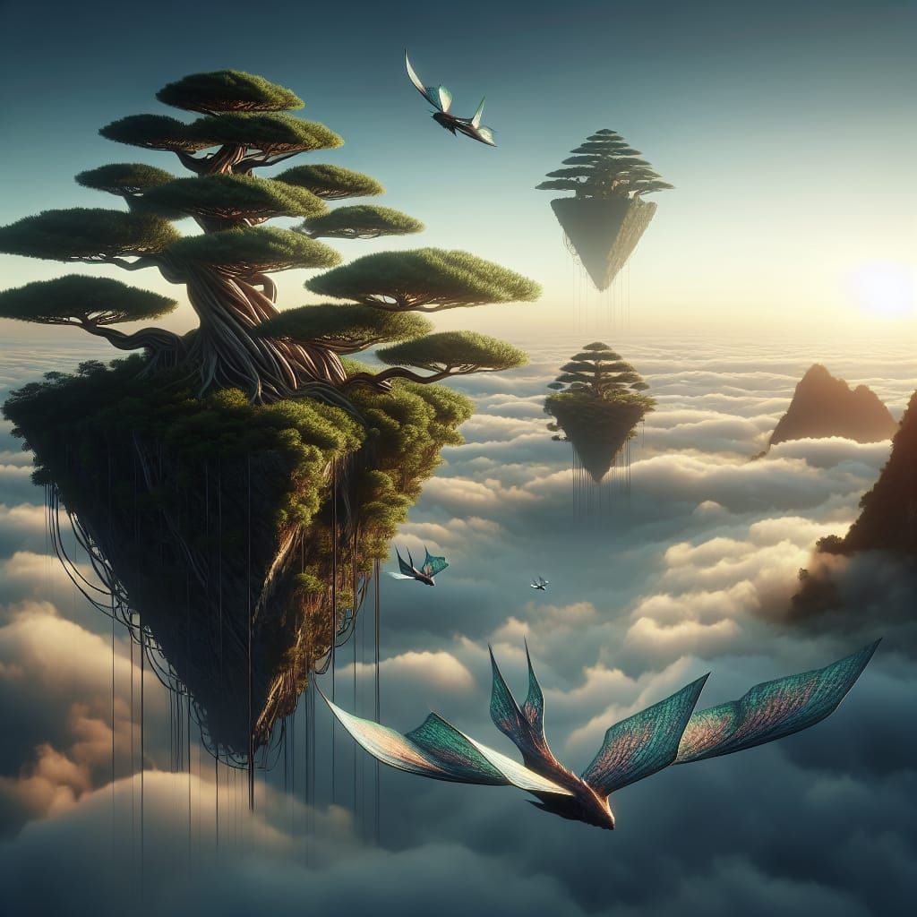 Floating Bonsai Islands with Flying Fish