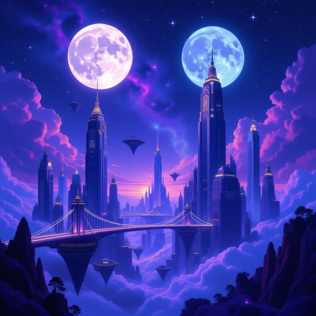 Twin Moons Over Art Nouveau Cityscape