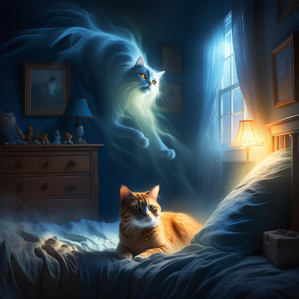 Ghostly Cat Spirit in Child's Bedroom: Fantasy Art