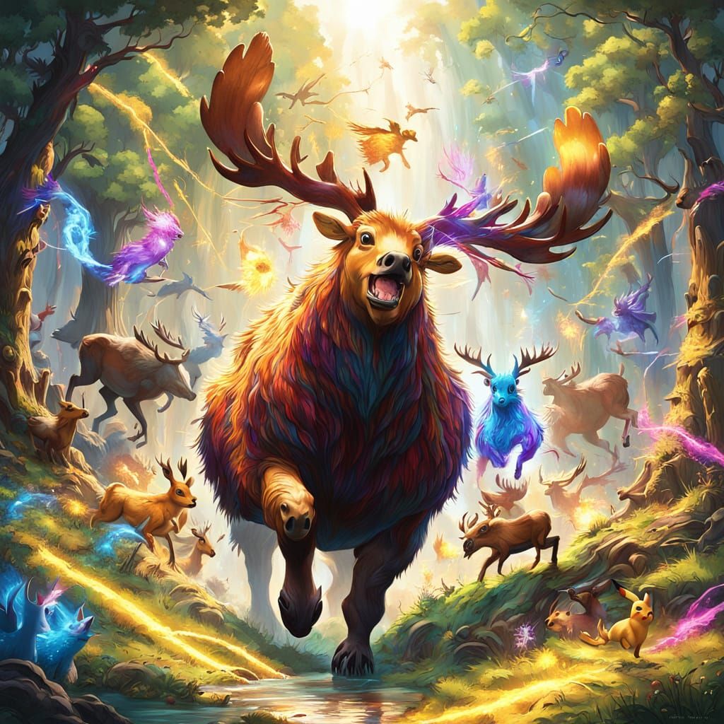 Majestic Pikachu Rides a Vibrant Moose through Enchanted For...