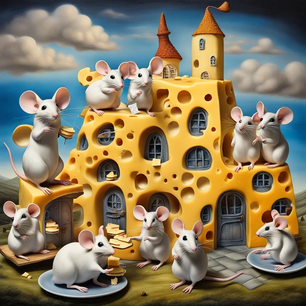 Hyper realistic magical mice creatures  in a cheese  dreamsc...
