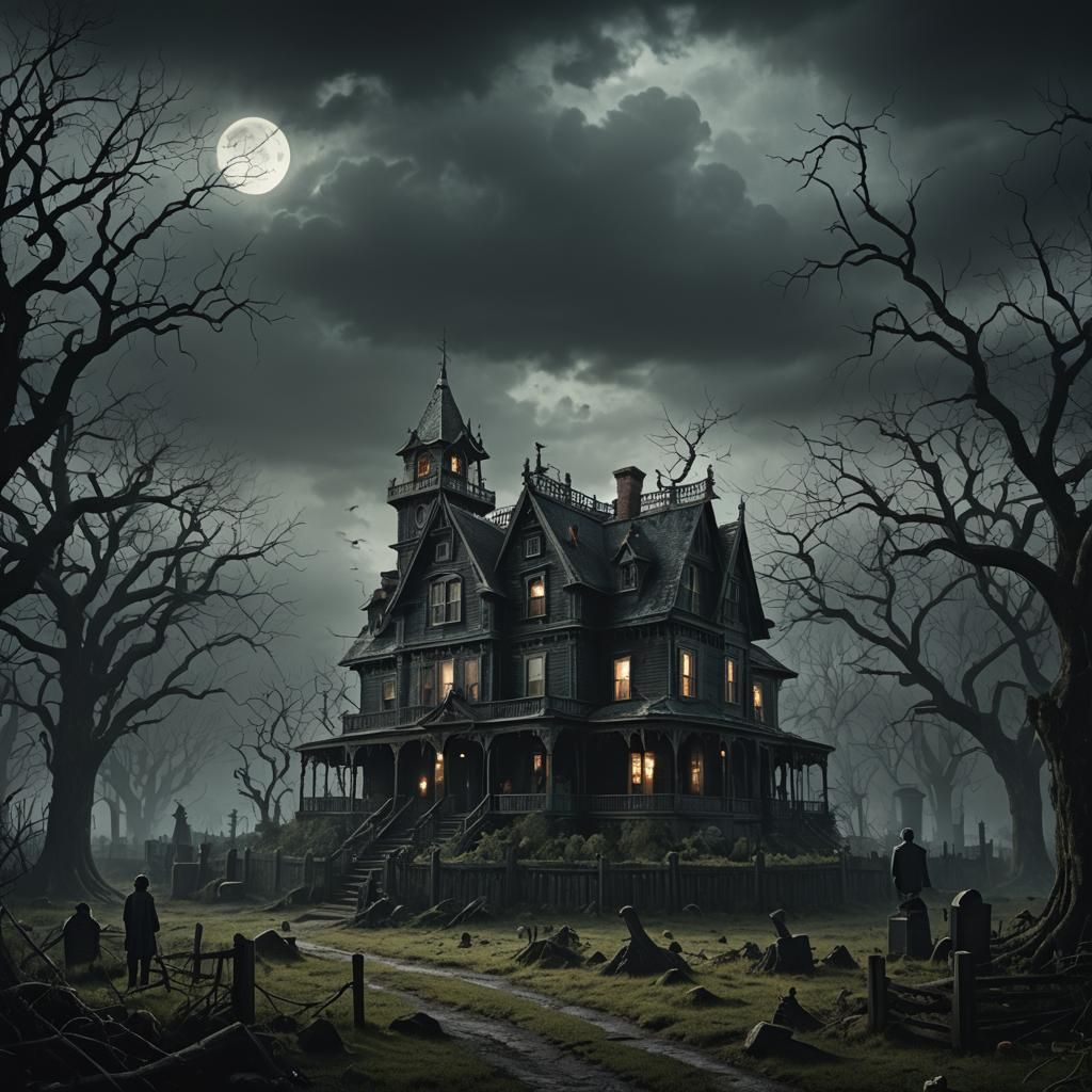 Eerie Haunted House with Shadowy Figures
