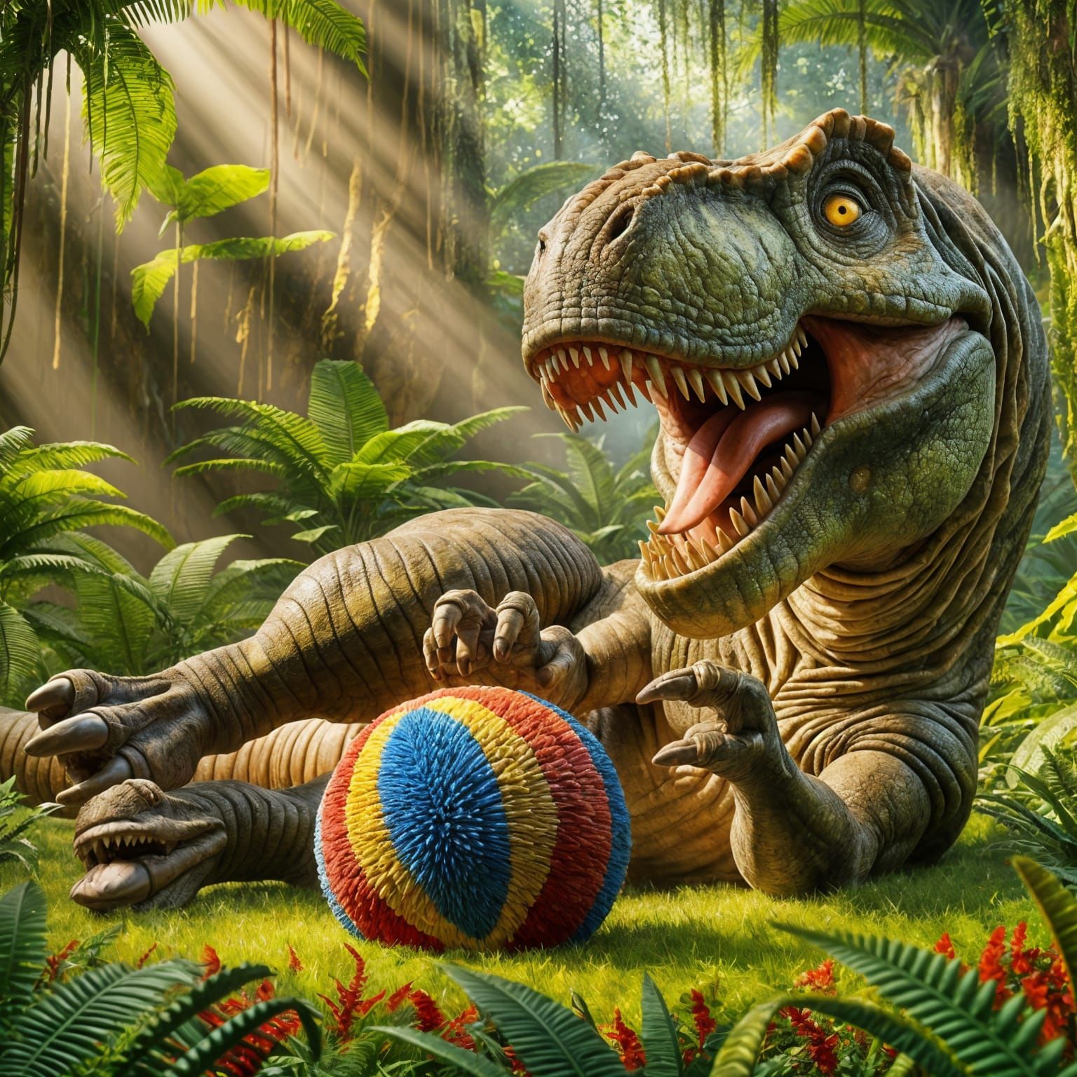 Playful T-Rex with Toy Ball in Jungle