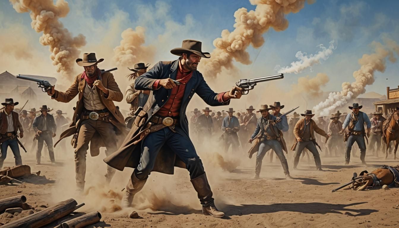 Wild West Gunfight Showdown: Hyperrealistic Prairie Scene